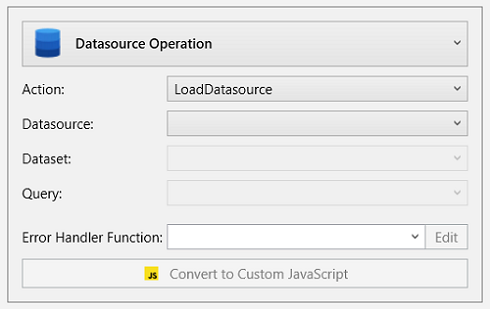 Picture showing extra options available when LoadDatasource selected in the Event Builder pop-up.